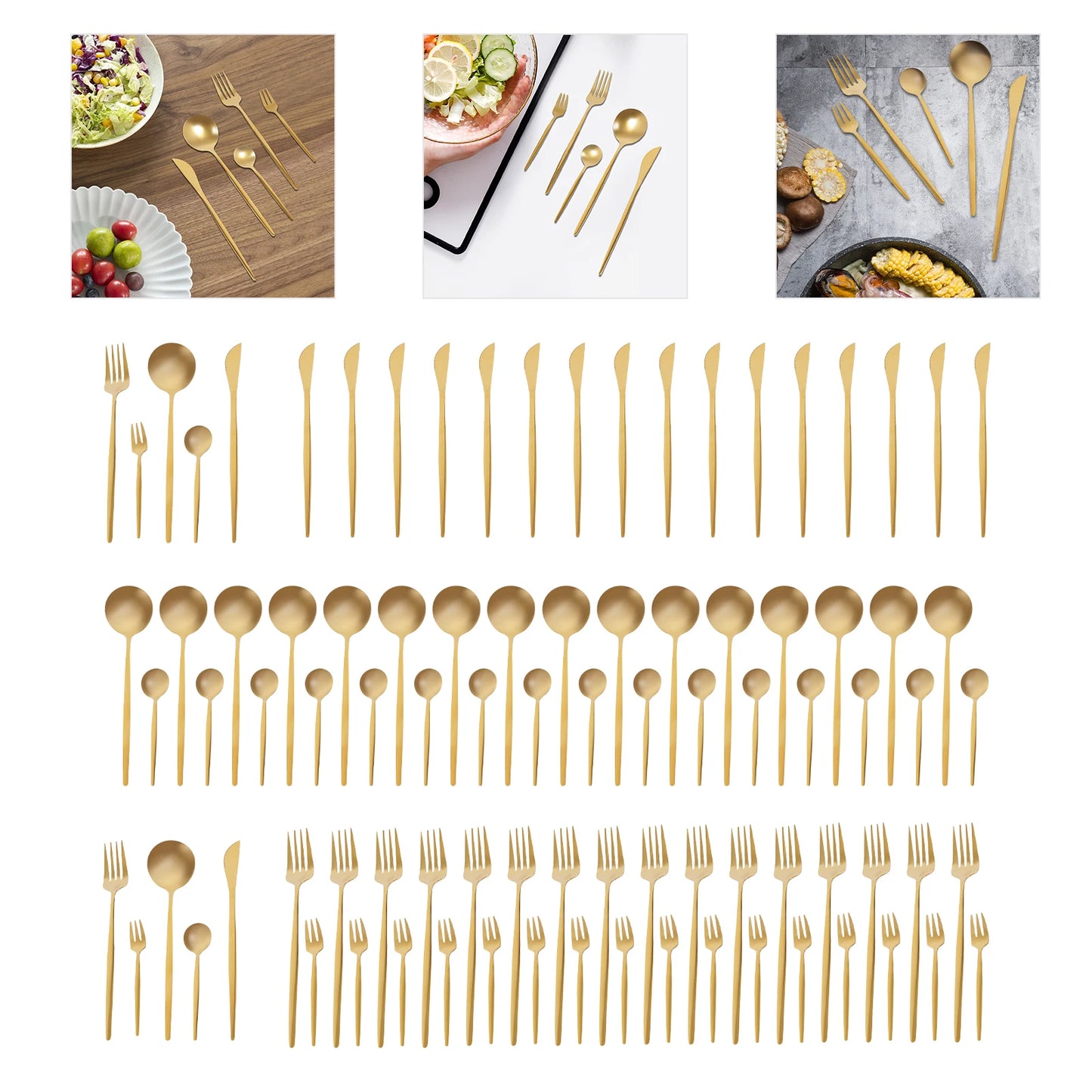 90 Pcs Gold Flatware Set Stainless Steel Utensil Kitchen Tableware Forks Knives Spoons Cutlery