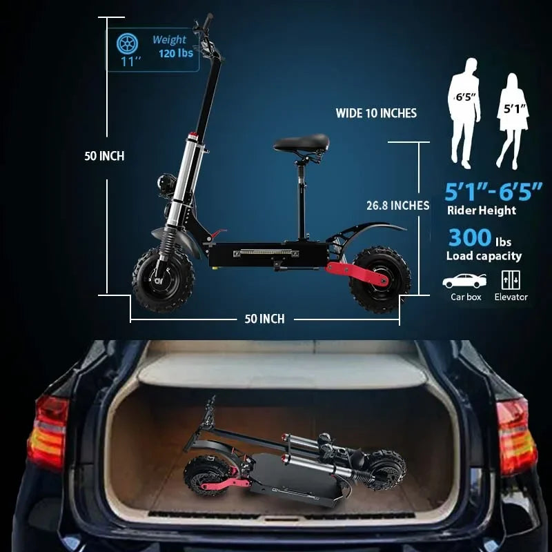 1200W 2400W 6000W Commuter Seat Adults Electric Scooter 48V/72V 10 inch Tubeless Off Road Tire,LCD
