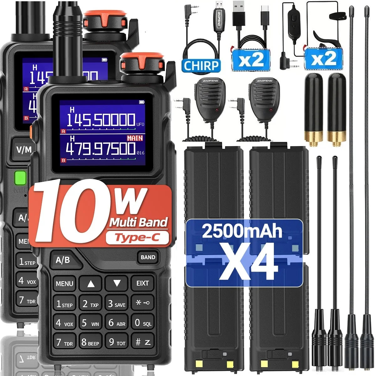 5RM MultiBand Walkie 10W Wireless Copy Frequency Type-C Charger 999CH NOAA K5 PLUS,UV-5R UV-5RH Ham
