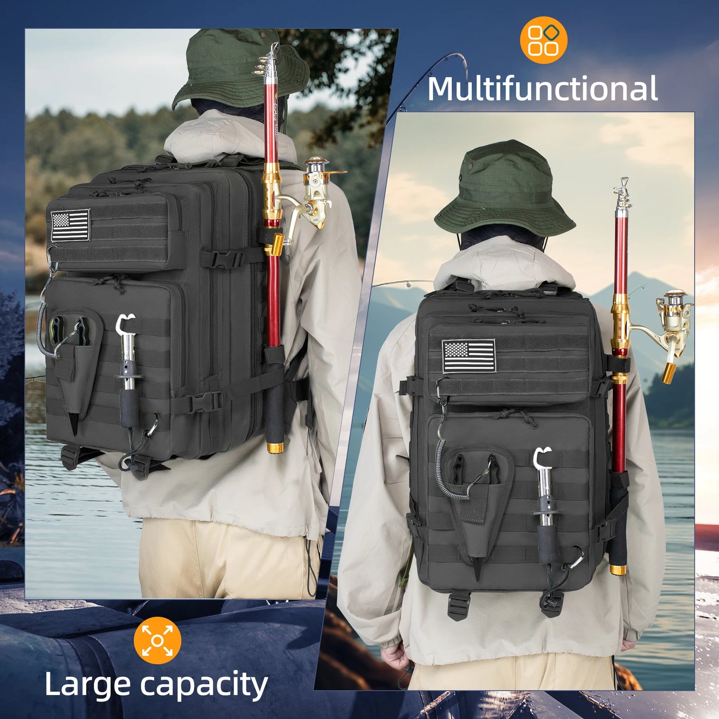 45L Fishing Hunting Bag Tactical Backpack Men's Travel Large Capacity Rucksacks Men Waterproof