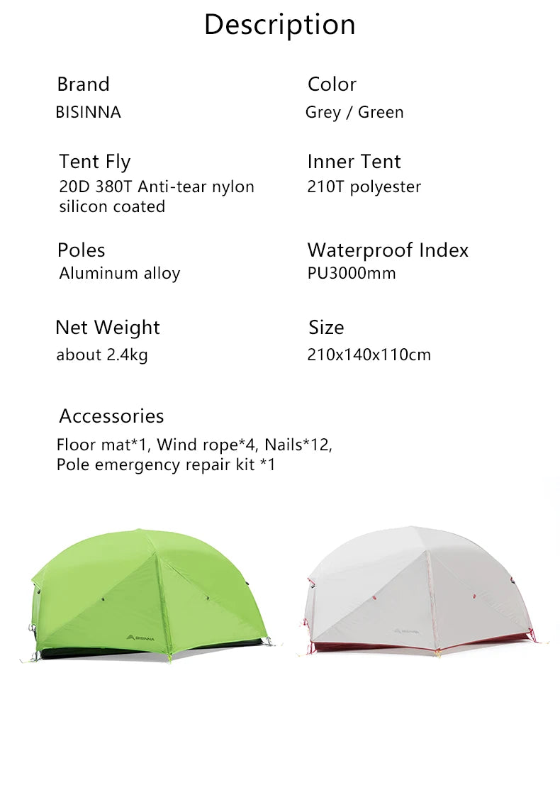 2 Person Ultralight Camping Tent 20D 380T Nylon Double Layer Waterproof Backpacking with free mat
