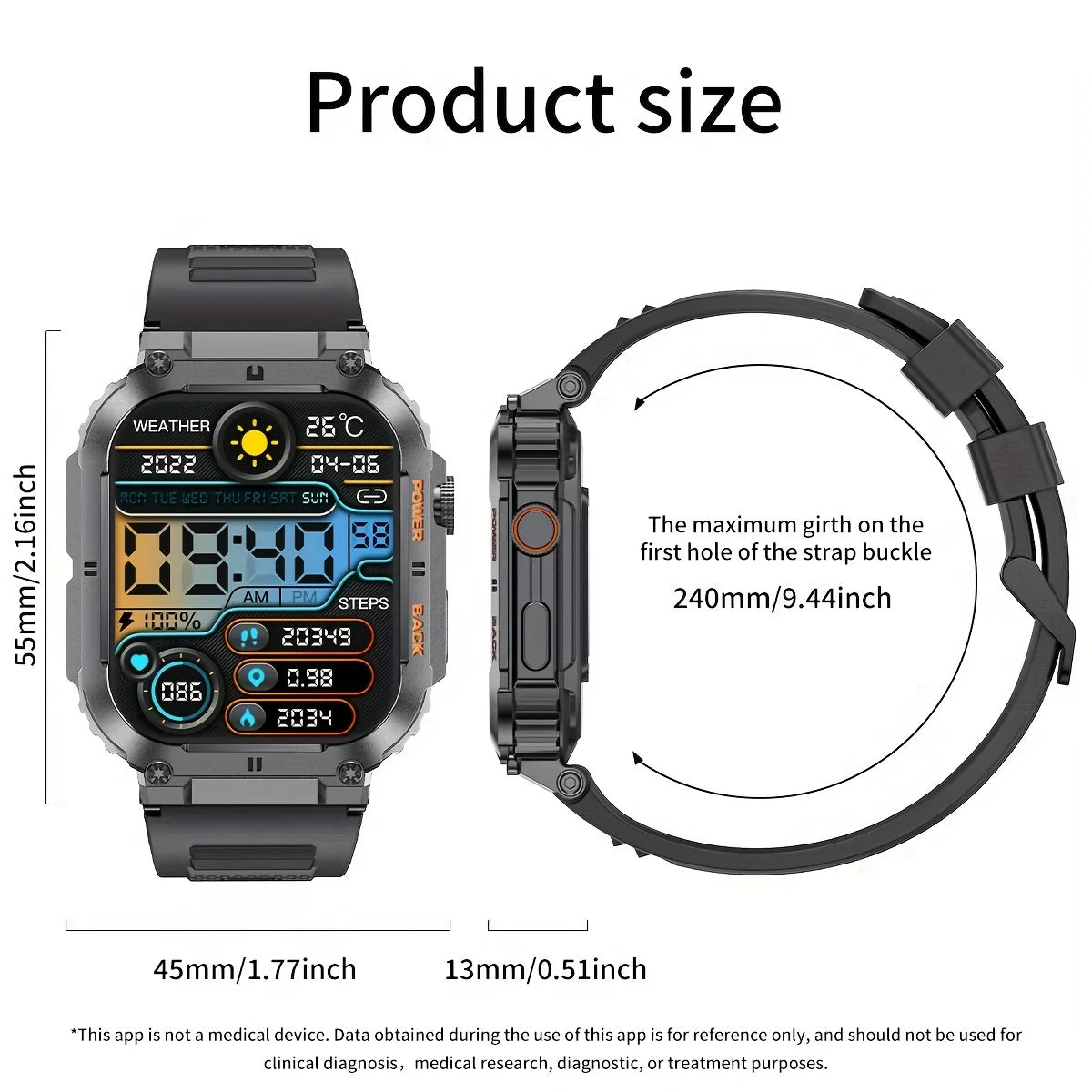 Outdoor Sports Fitness Smartwatch Men 1.96 Inch Screen Bluetooth Waterproof Watches Blood Oxygen