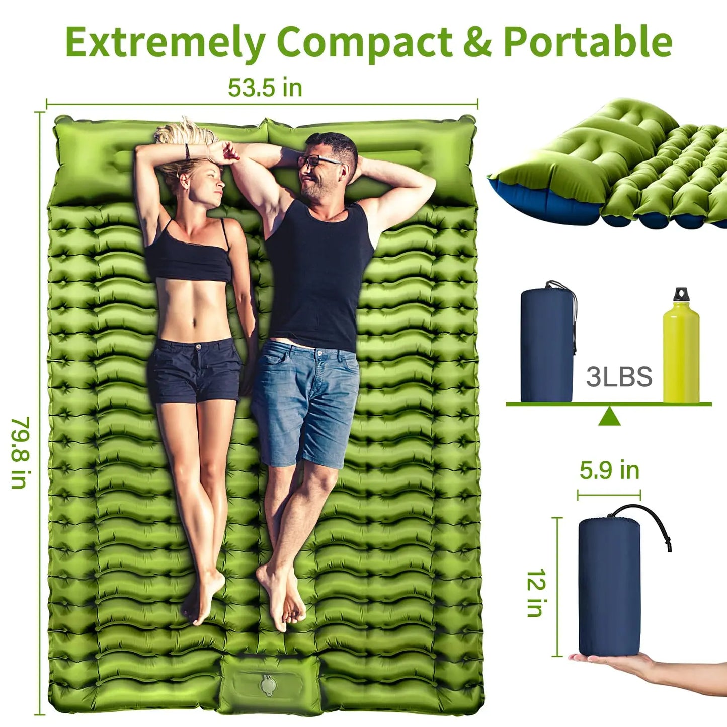 Double Sleeping Pad 4" Thick for 2 Person, Pillow Built-in Foot Pump Inflatable Backpacking Hiking