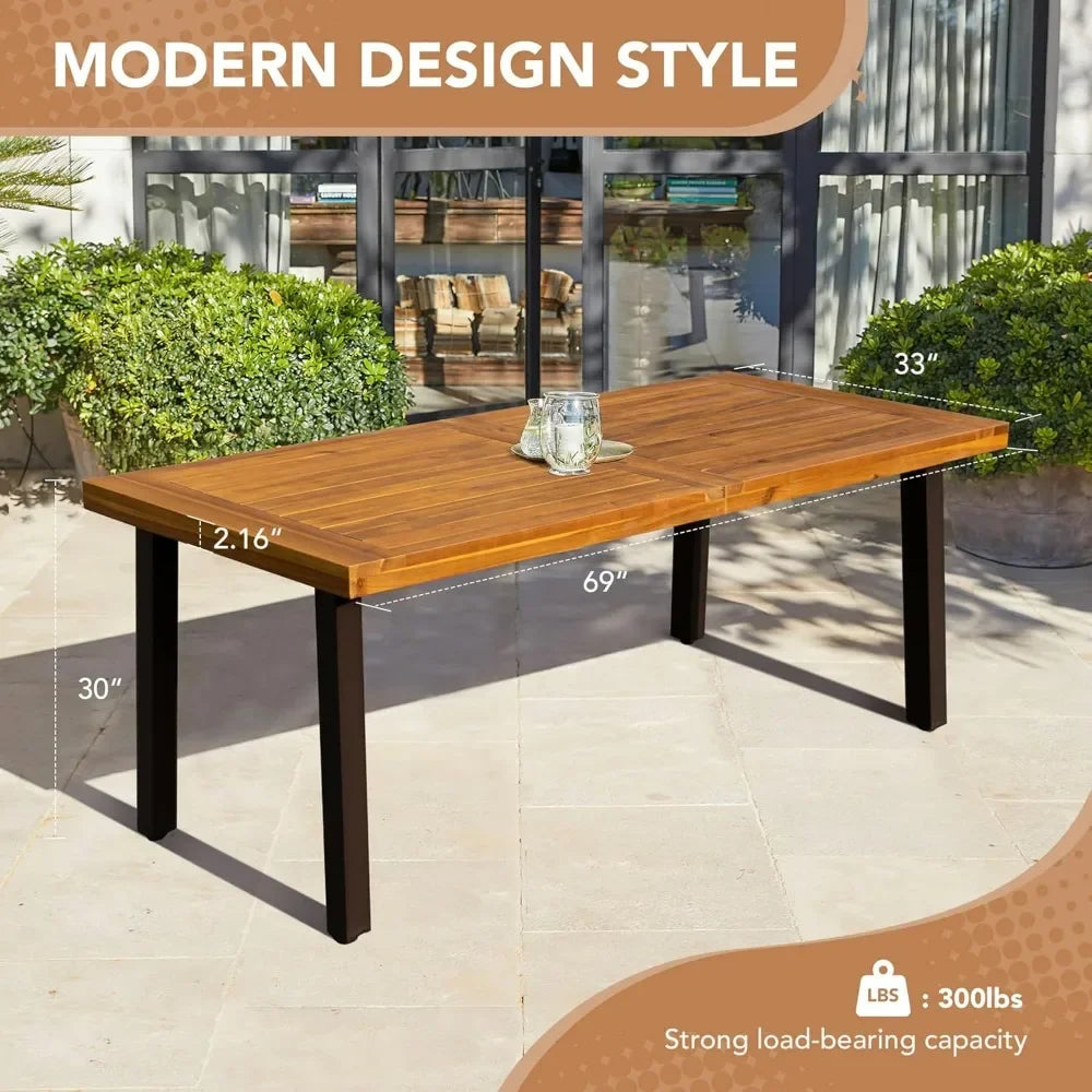 Acacia Wood Dining Table 6-Person Indoor Outdoor Table,Iron Legs, Sandblast Finish, Natural Stained