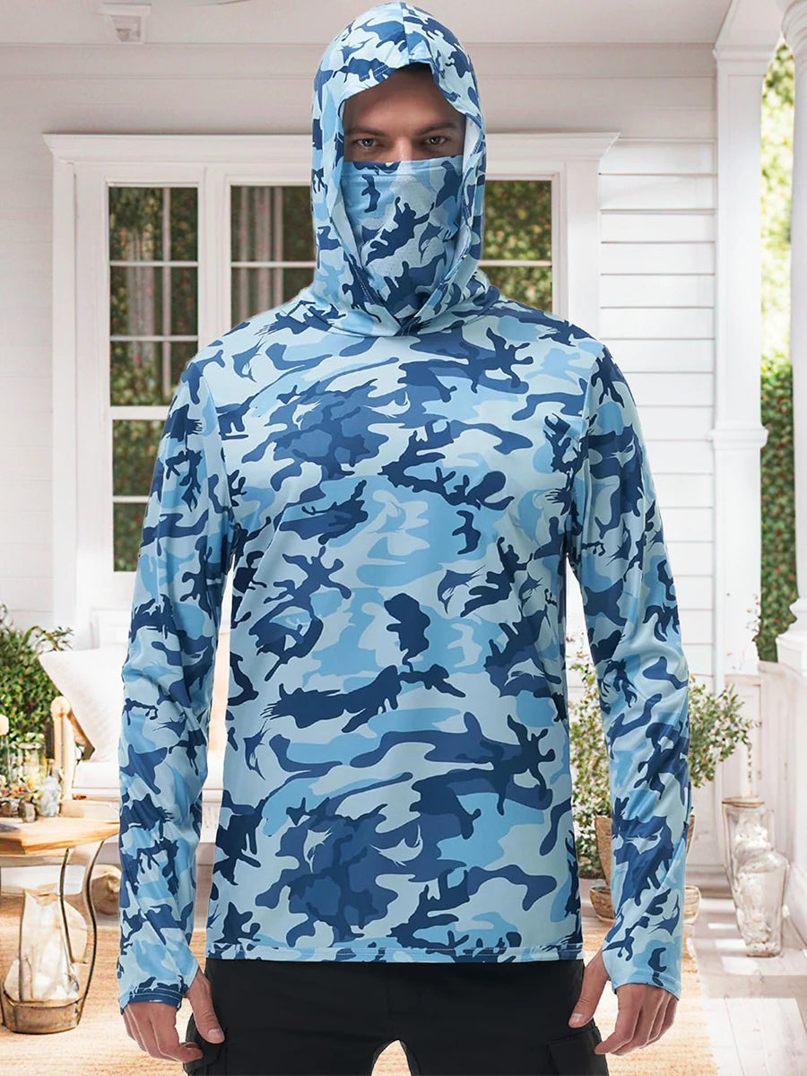 Men s Fishing Shirt Camo Print Hoodie, Built-in Face Mask Sun Protection, Hiking and Running