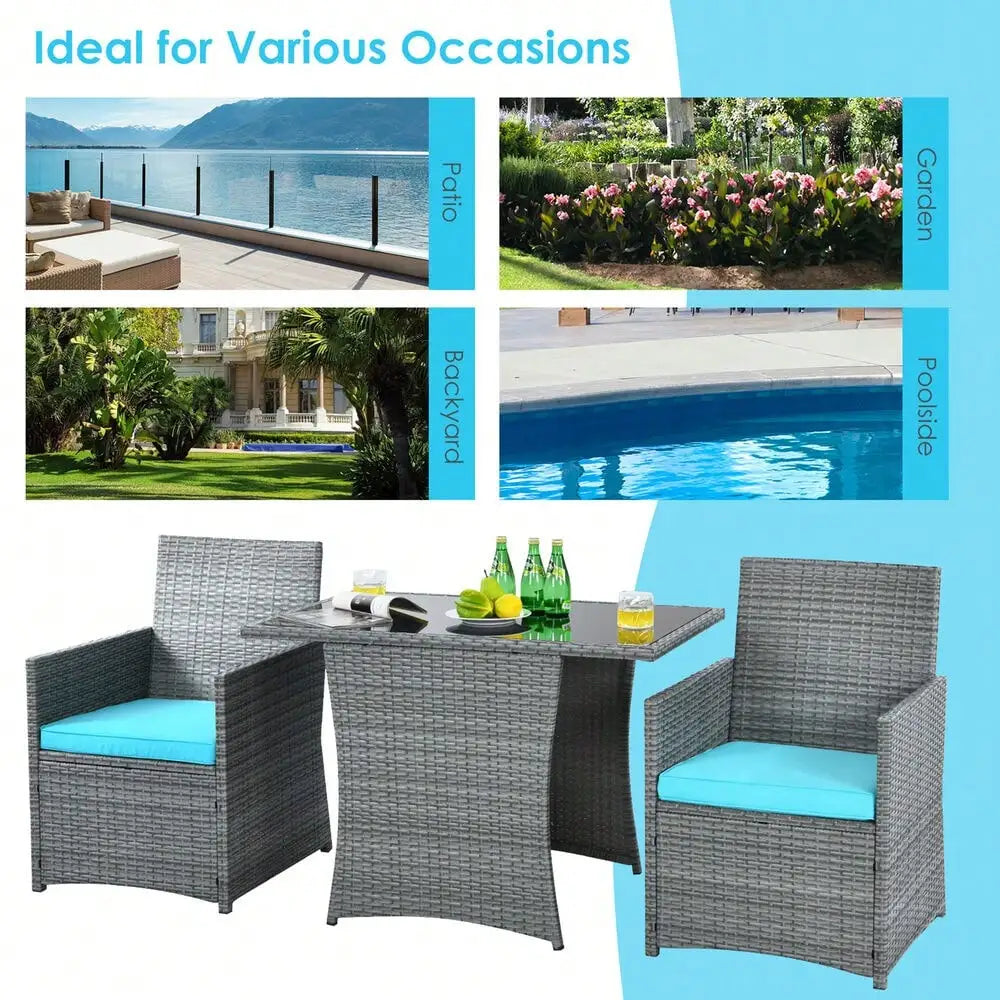 3PCS Outdoor Rattan Conversation Set Patio Dining Table Set w/ Turquoise