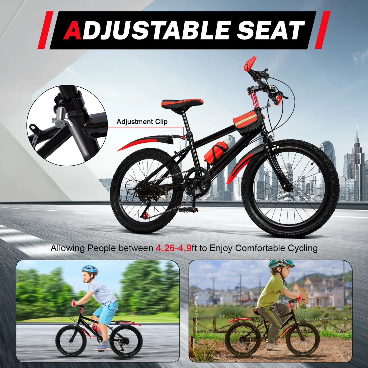 20" Mountain Bike 7 Speeds Kids Bicycle Dual-Disc Brakes Height Adjustable MTB Boys Girls
