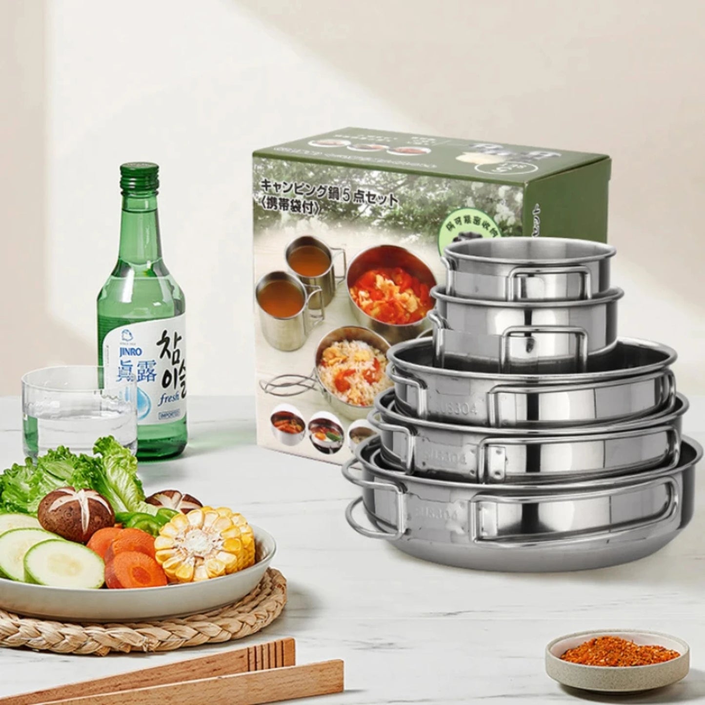 5pcs Camping Pot Set 304 Stainless Steel Kit Cooking Set