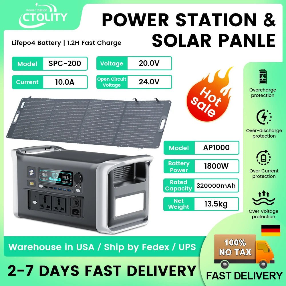 1800W 1000W Portable Generator Power Station Lifepo4 Battery Camping 200W Solar Panel Generator