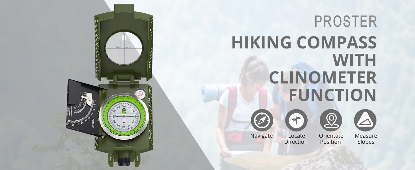 Professional Lensatic Compass Metal Waterproof IP65  Sighting Clinometer, Carry Bag