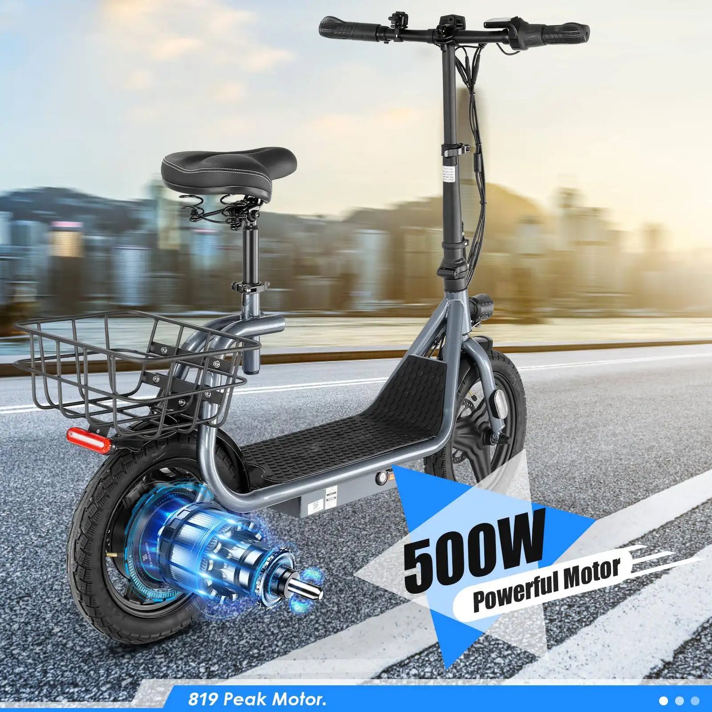 Peak 819W Electric Scooter 500W Motor W/ Seat 14" Tire, 30 Miles Ranges 20MPH Max Speed, to 300 LBS