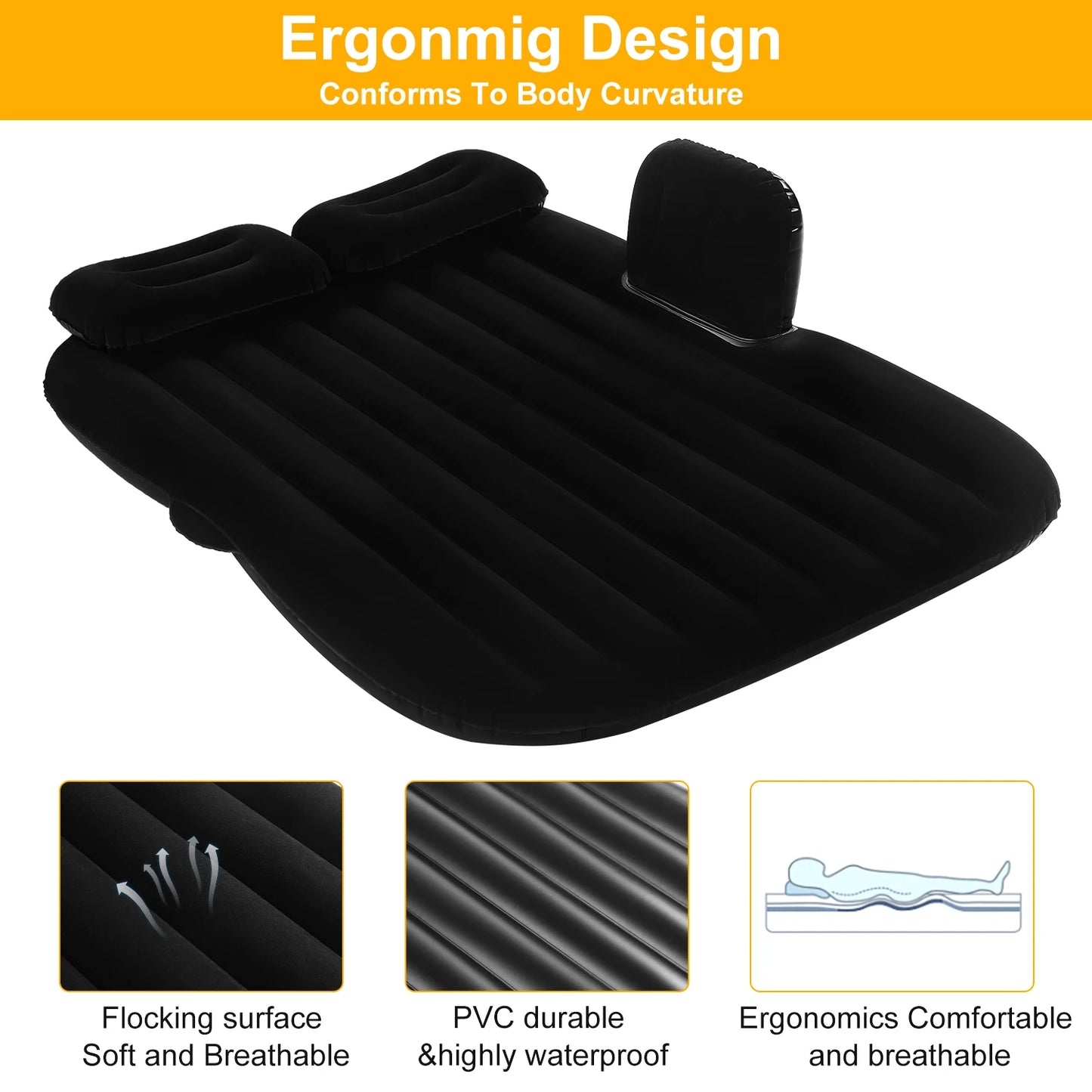 Car Air Mattress Portable Bed Back Seat Inflatable SUV Camping Mattress,Pump & 2 Pillows