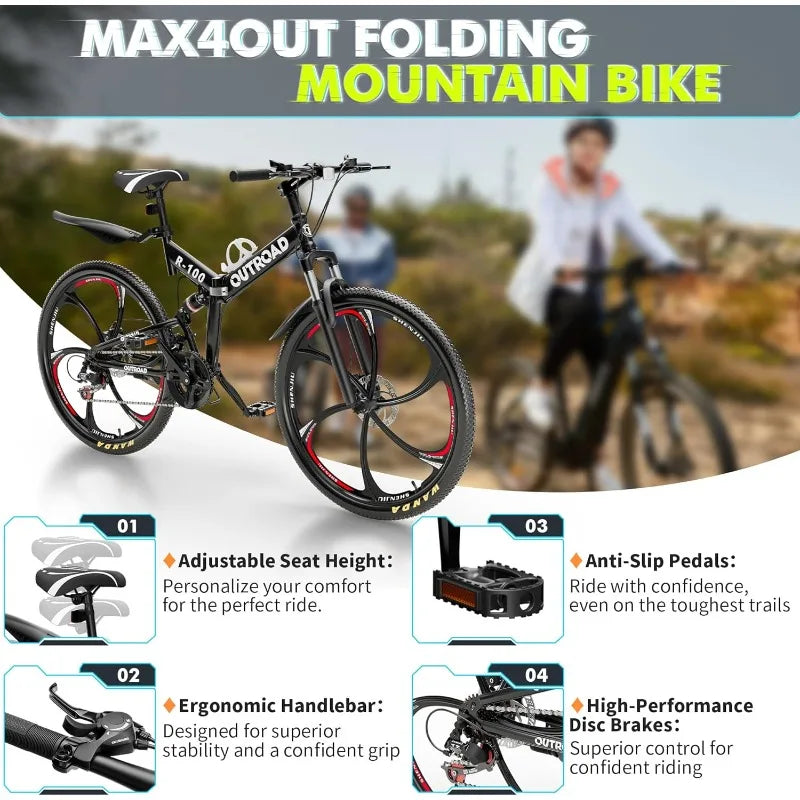 26 Inch Folding Mountain Bike, 21 Speed Full Suspension, High-Carbon Steel, Dual Disc Brake Non-Slip