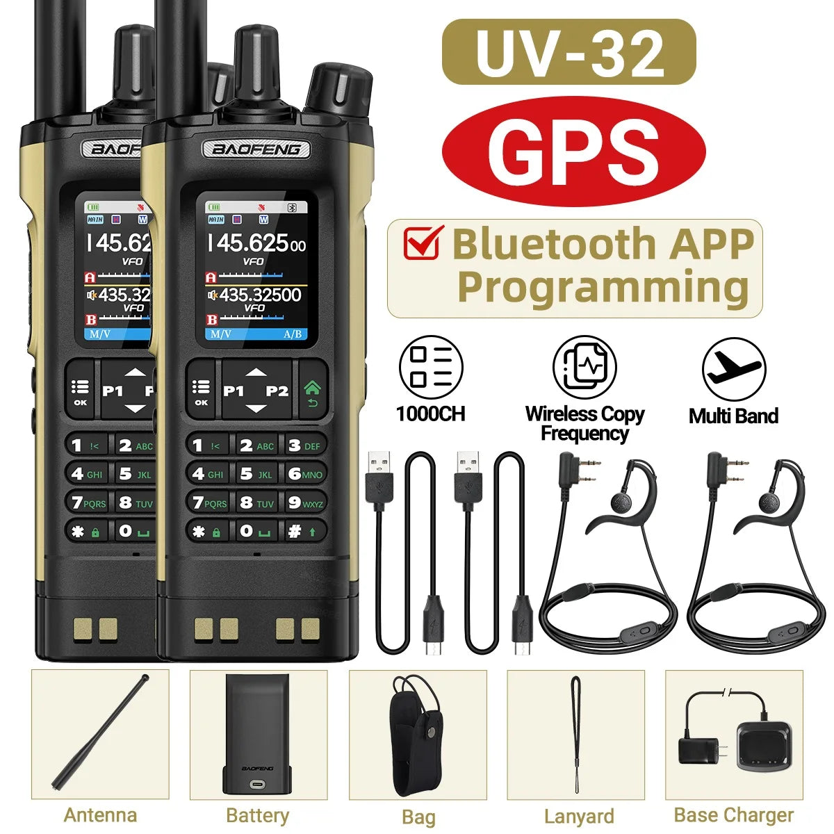 GPS Walkie Talkie 10W Long Range Multi Band Bluetooth APP Programming Wireless Copy Frequency Type-C