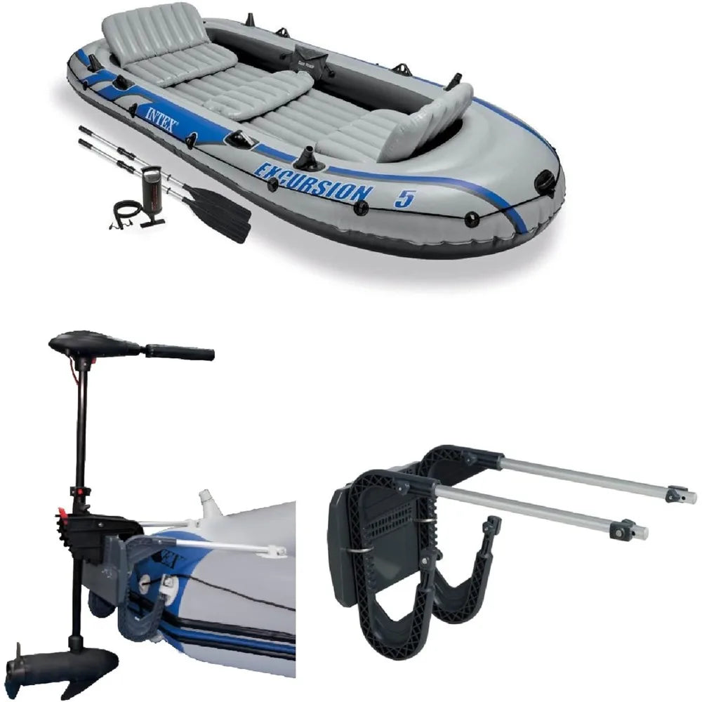 5 Person Inflatable Boat Set with 2 Aluminum Oars,Pump 12V Transom Mount Trolling Motor/Mount Kit