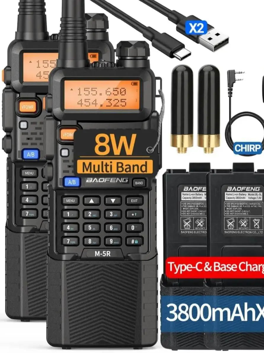 2X BAOFENG M-5R 8W Walkie Talkie 3800mAh Battery Multi Band AM Type-C USB Copy Upgraded