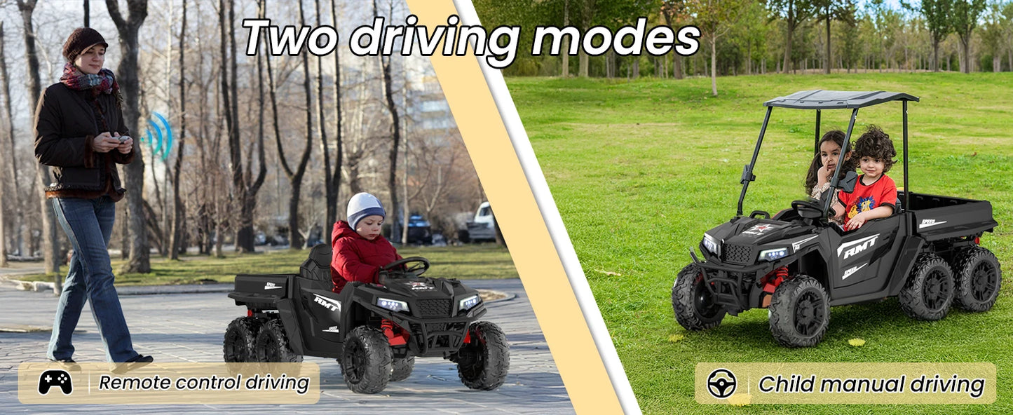 24V Kids Ride on Toys, 2 Seater Car Truck w/Sun Shade, Dump Bed & Shovel, 4WD Electric Ride