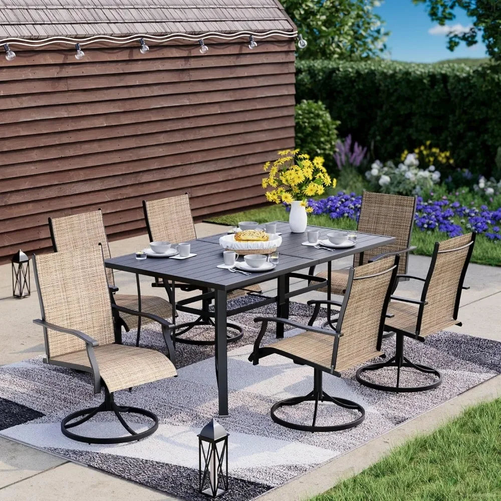 7-Piece Outdoor Dining Set – 6 Swivel Rocking Chairs & Large Aluminum Table w/Umbrella Hole (128c)