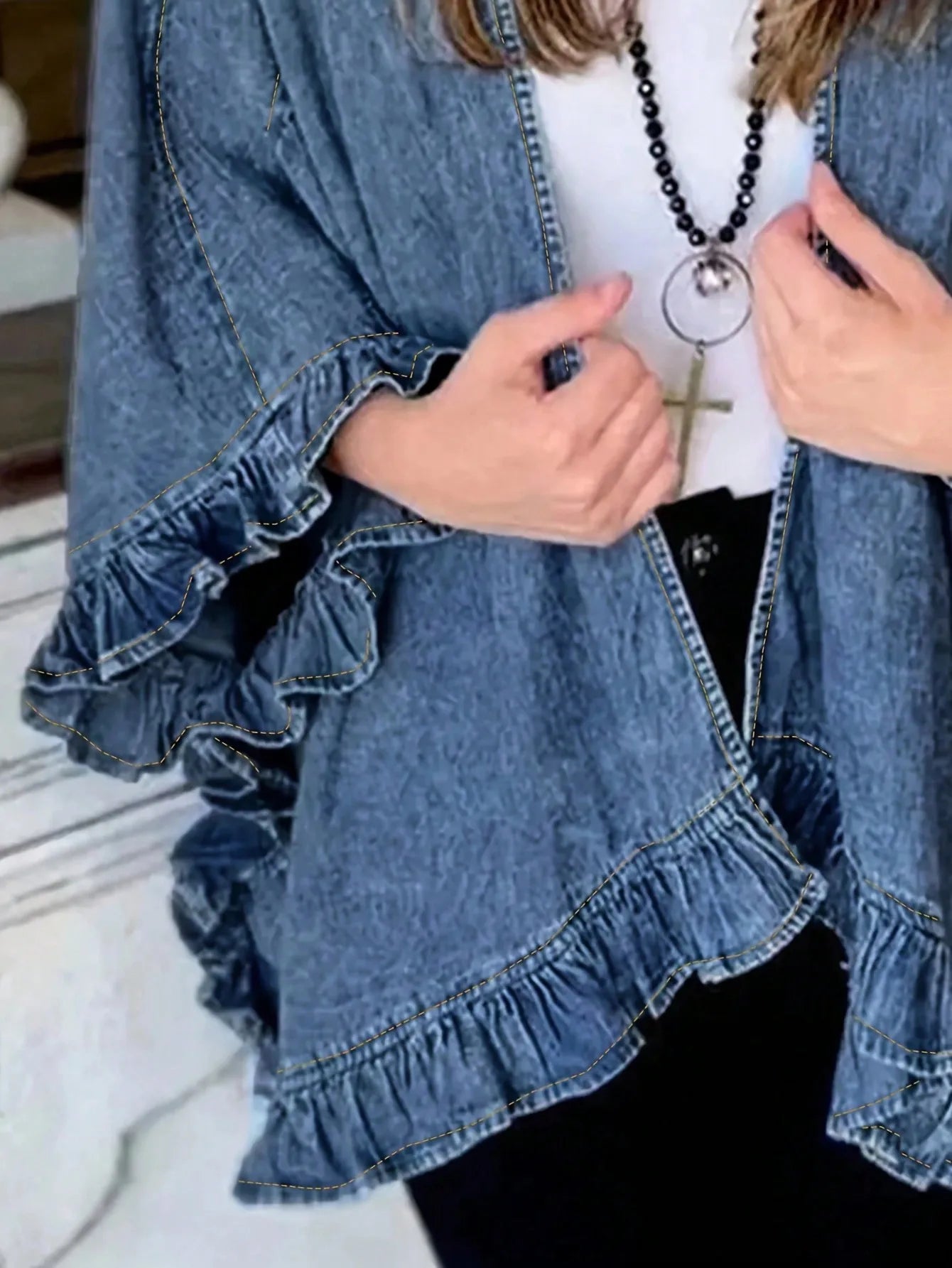 Women's Denim Jacket Ruffled Sleeves, Chic Open Front Lightweight| Fall & Spring Distressed Casual