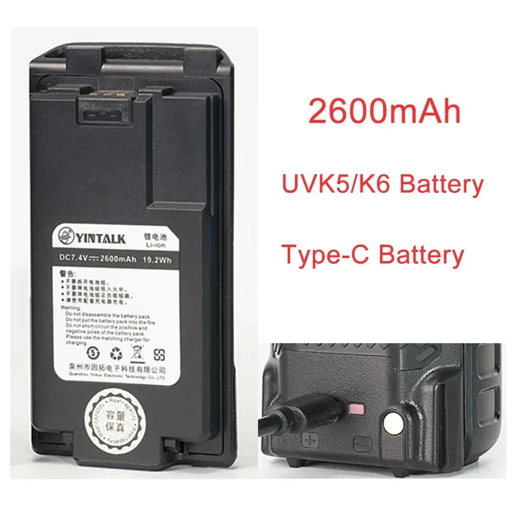 Quansheng UV-K5 K6 Walkie Battery 2000/2600/3500mAh Type-C Charge High Capacity Radio Rechargable