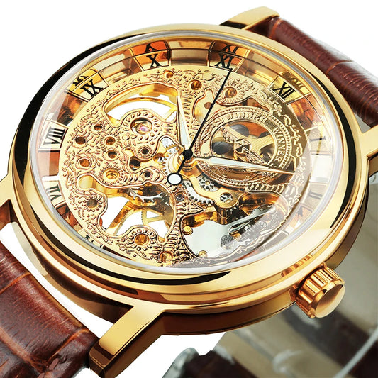 WINNER Classic Skeleton Mechanical Watch Luminous Hands Leather Strap Top Brand Luxury Wristwatch