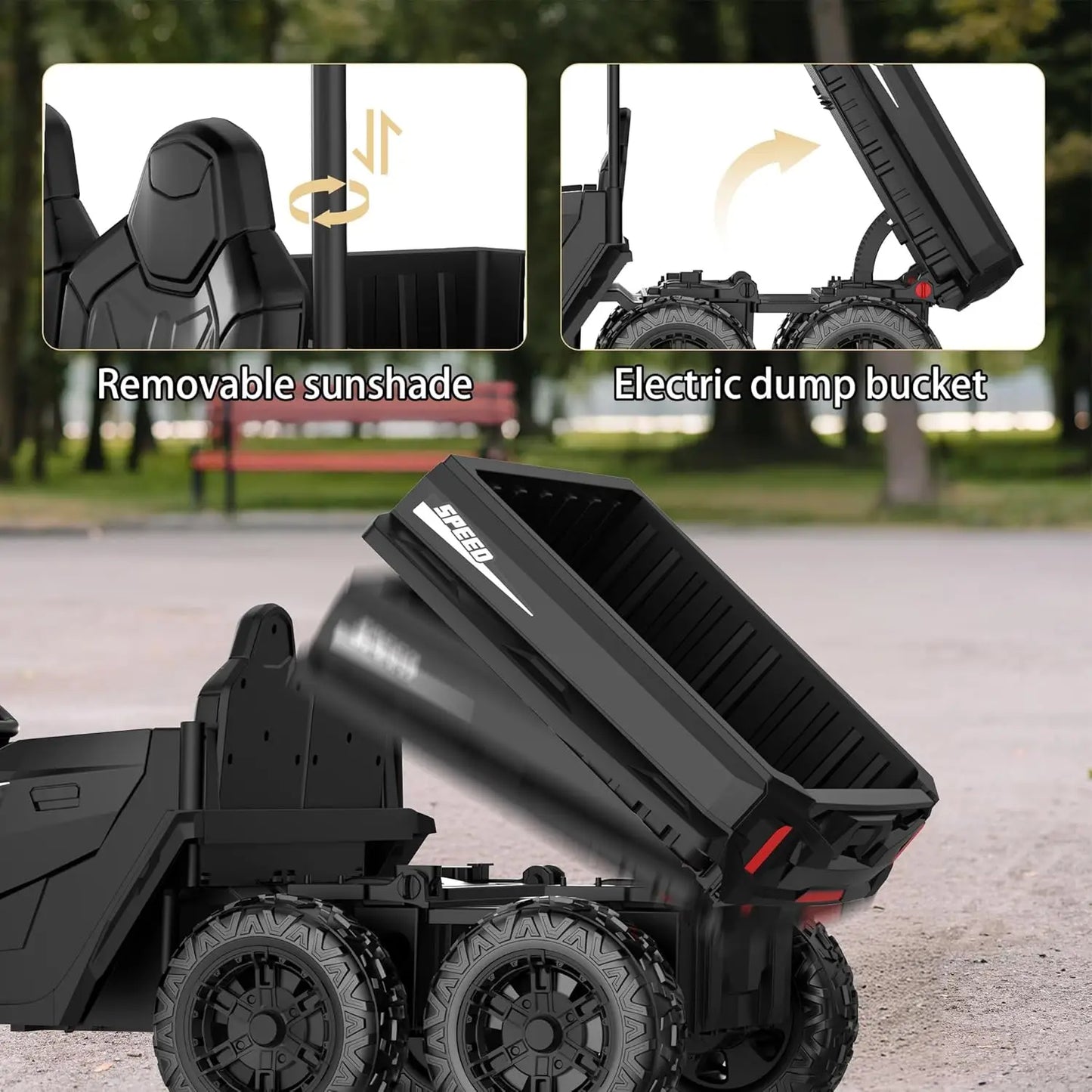 24V Kids Ride on Toys, 2 Seater Car Truck w/Sun Shade, Dump Bed & Shovel, 4WD Electric Ride