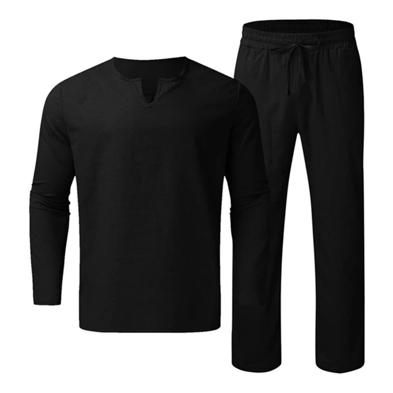 Cotton Linen Solid Color Long Sleeve Henley Shirt Elastic Waist Drawstring 2 Pieces Loungewear Set