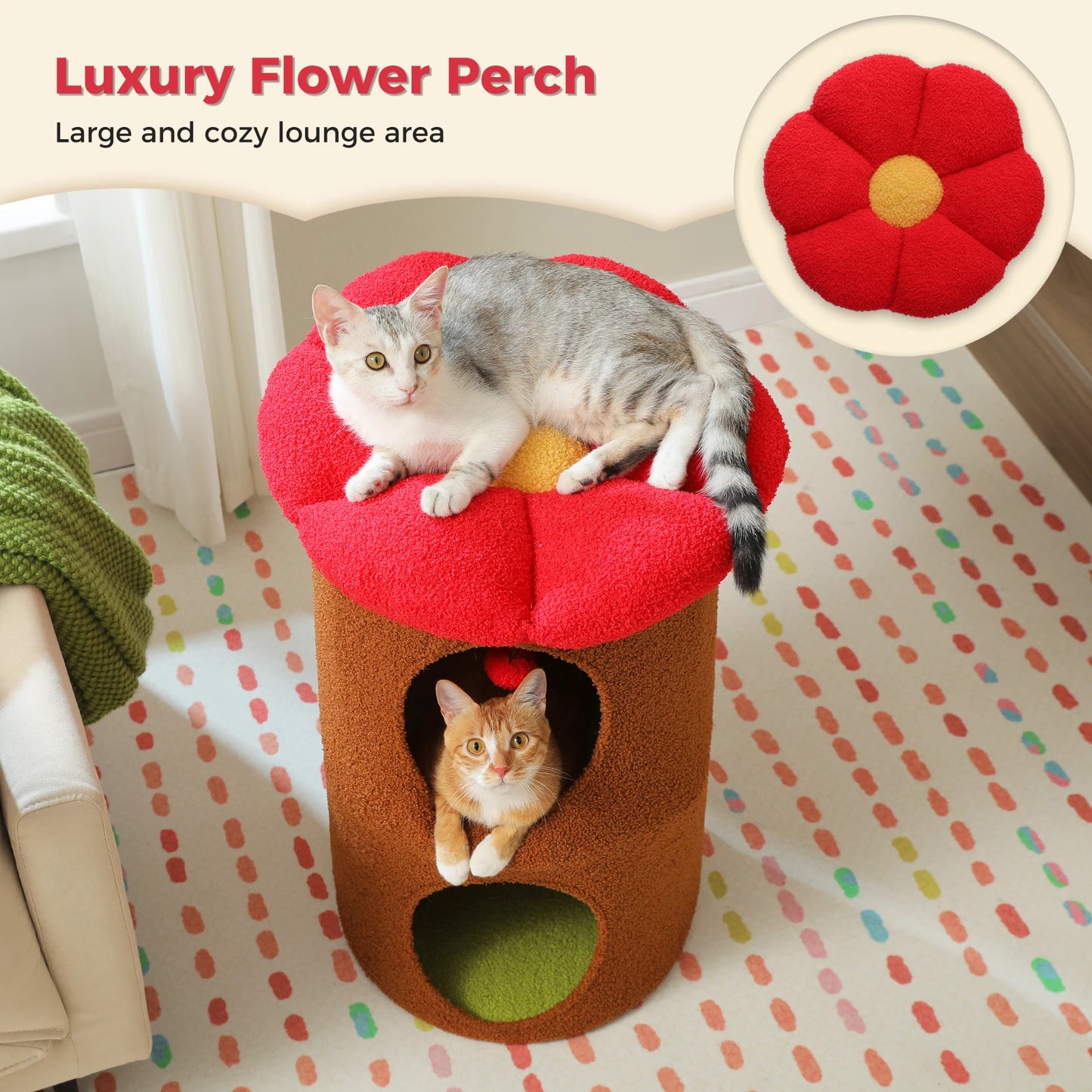 Double-Deck Cat House, Cozy Large Condos, Luxury Flower Perch, Pompom Ball, Cat Furniture indoor