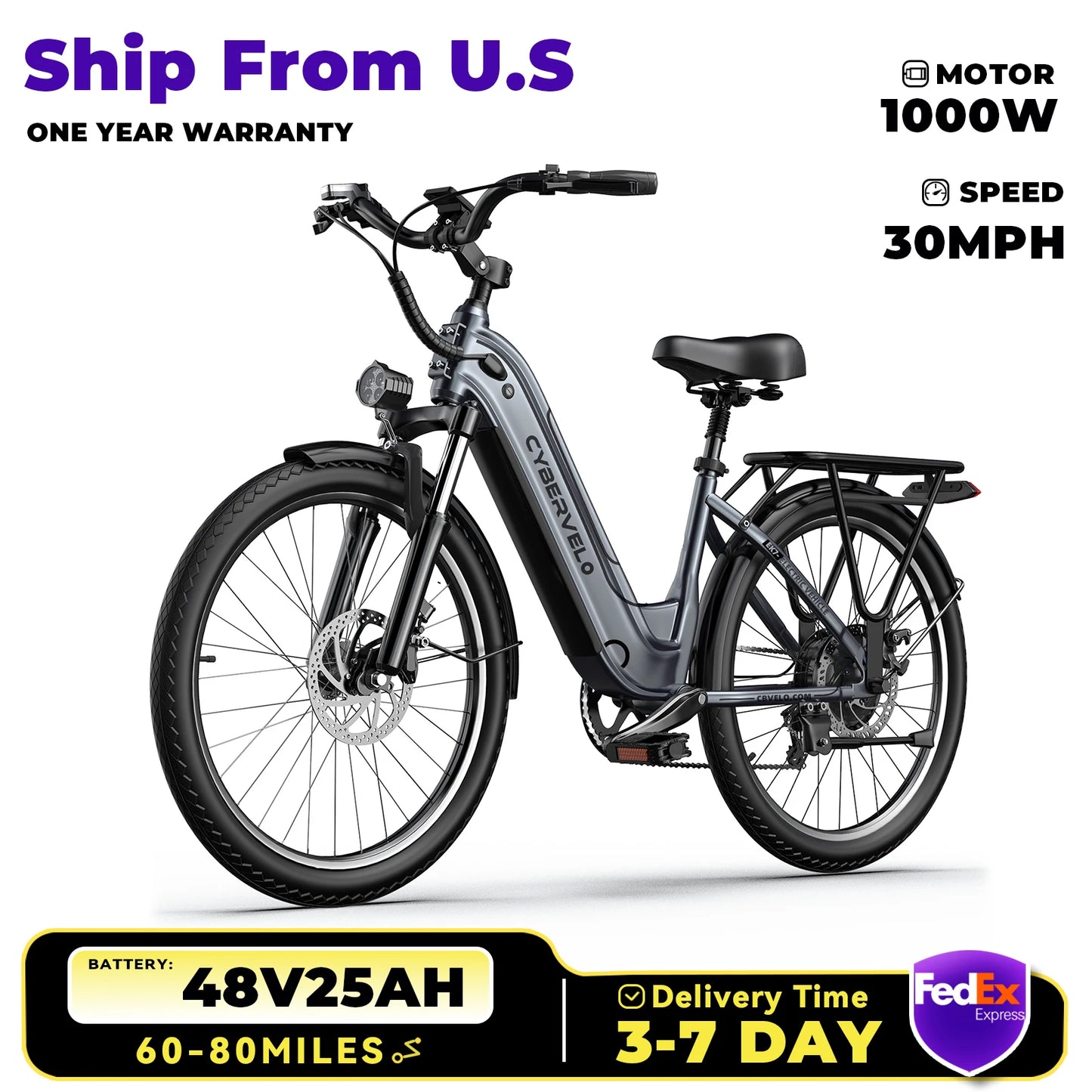 1000 Peak E-Bike for Adults,up 80 Miles Removable Battery,26" , 7-Speed,Adult back cargo rack
