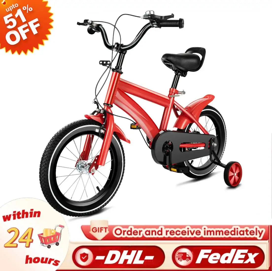 14 Inch Red Modern Children Bicycle with Adjustable 2 Training Wheels 110lbs Children's Exercise Bicycle for Boys and Girls