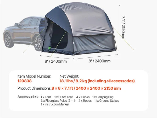 SUV Tent, Camping Waterproof PU2000mm Spacious Double Layer Design , Shade Awning , Mesh Windows