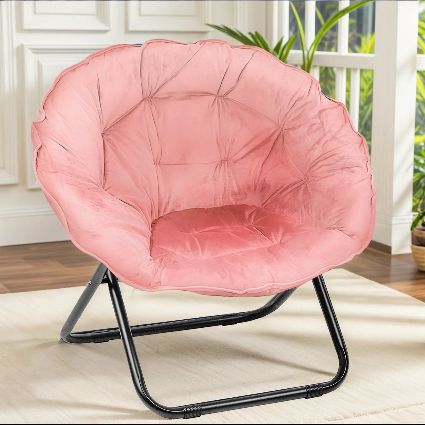 Grezone Round Foldable Saucer Chair, Moon Chair with Metal Frame for Bedroom