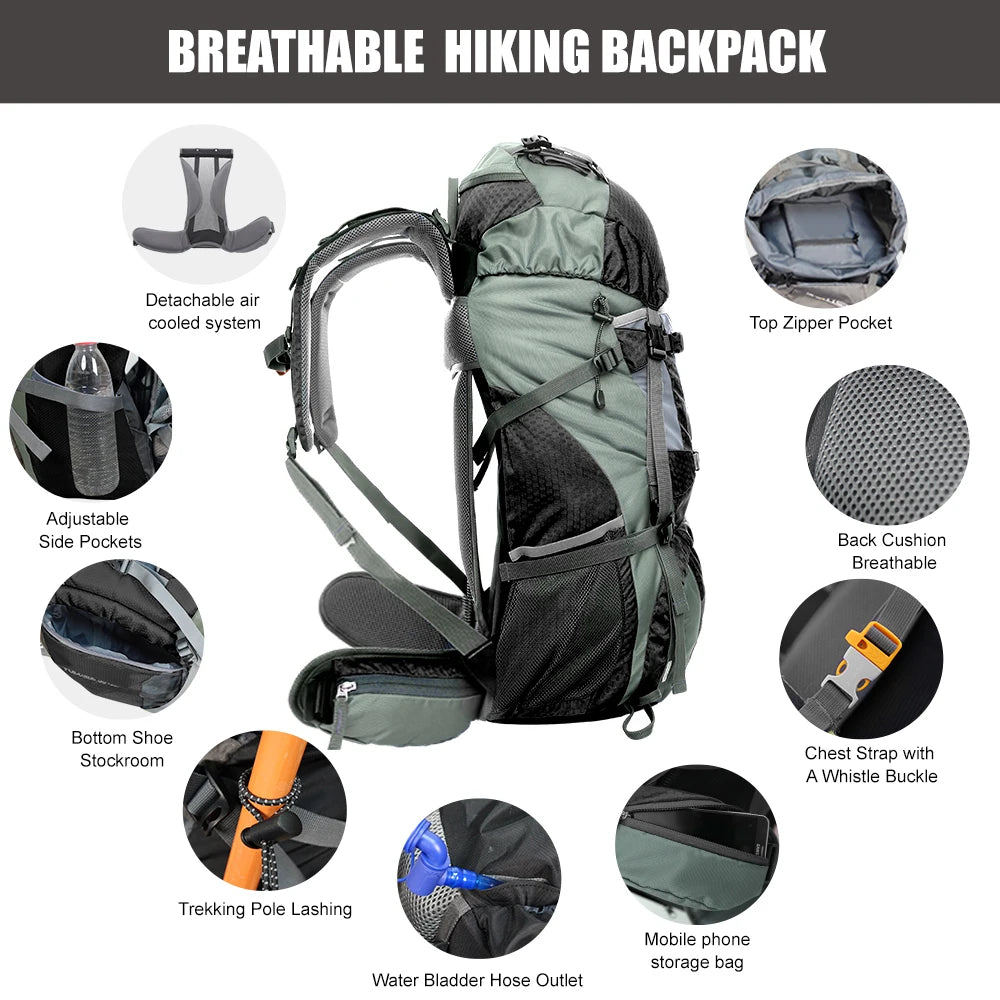 60L Explorer Internal Frame Backpack, Rain Cover Outdoor for Hiking Camping Backpacking Travel