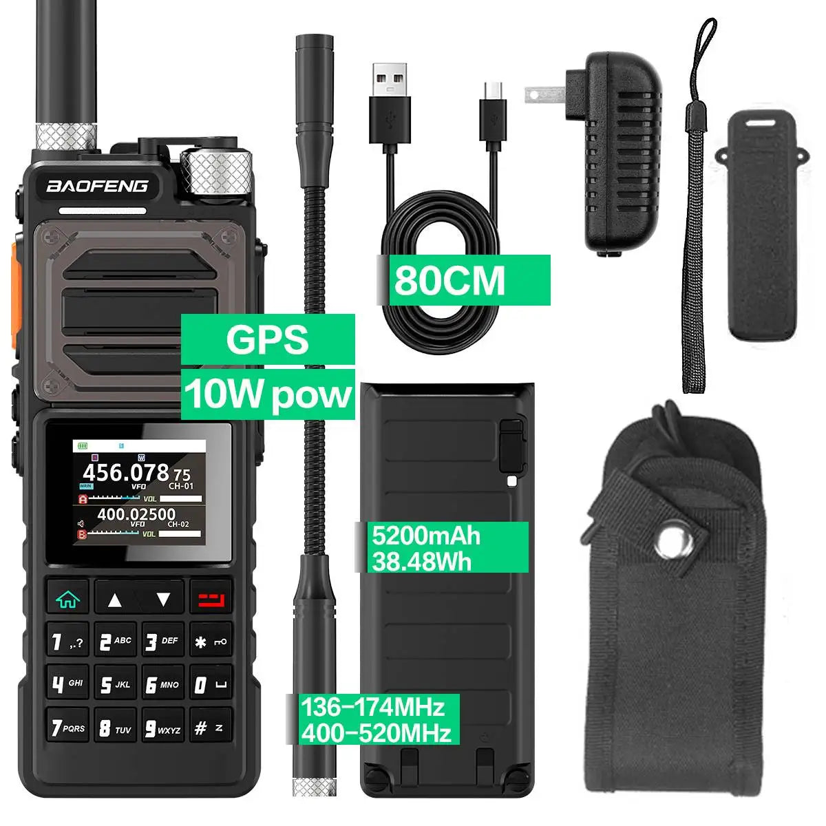 10W Tri-Power Handheld Ham Radio GPS, UHF VHF MW FM Air NOAA Multi-Band Receiver, 5200mAh Battery