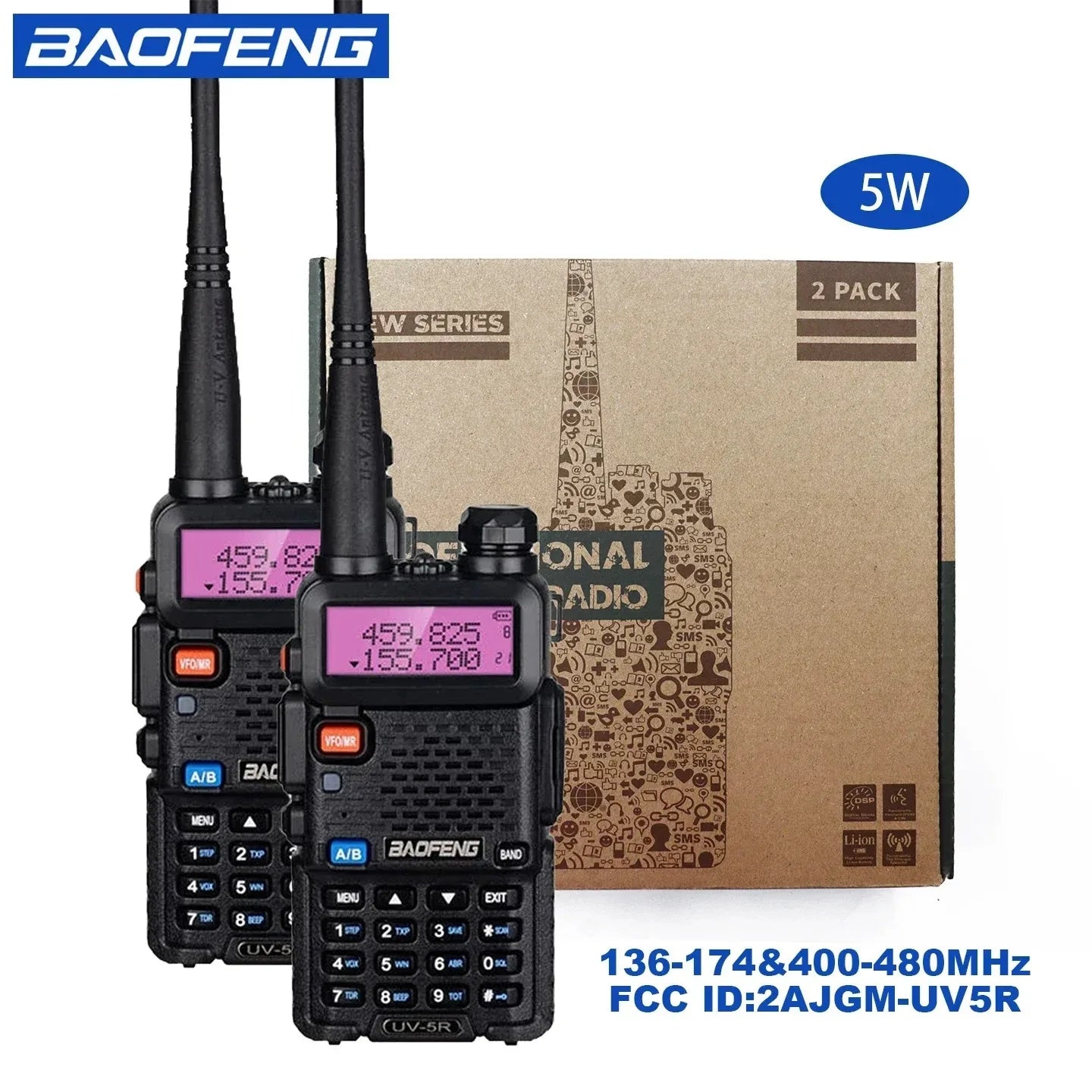 2pcs BAOFENG UV-5R 5W 8W High Power Dual Band Two Way Radio Long Range Handheld Talkies For Hunting