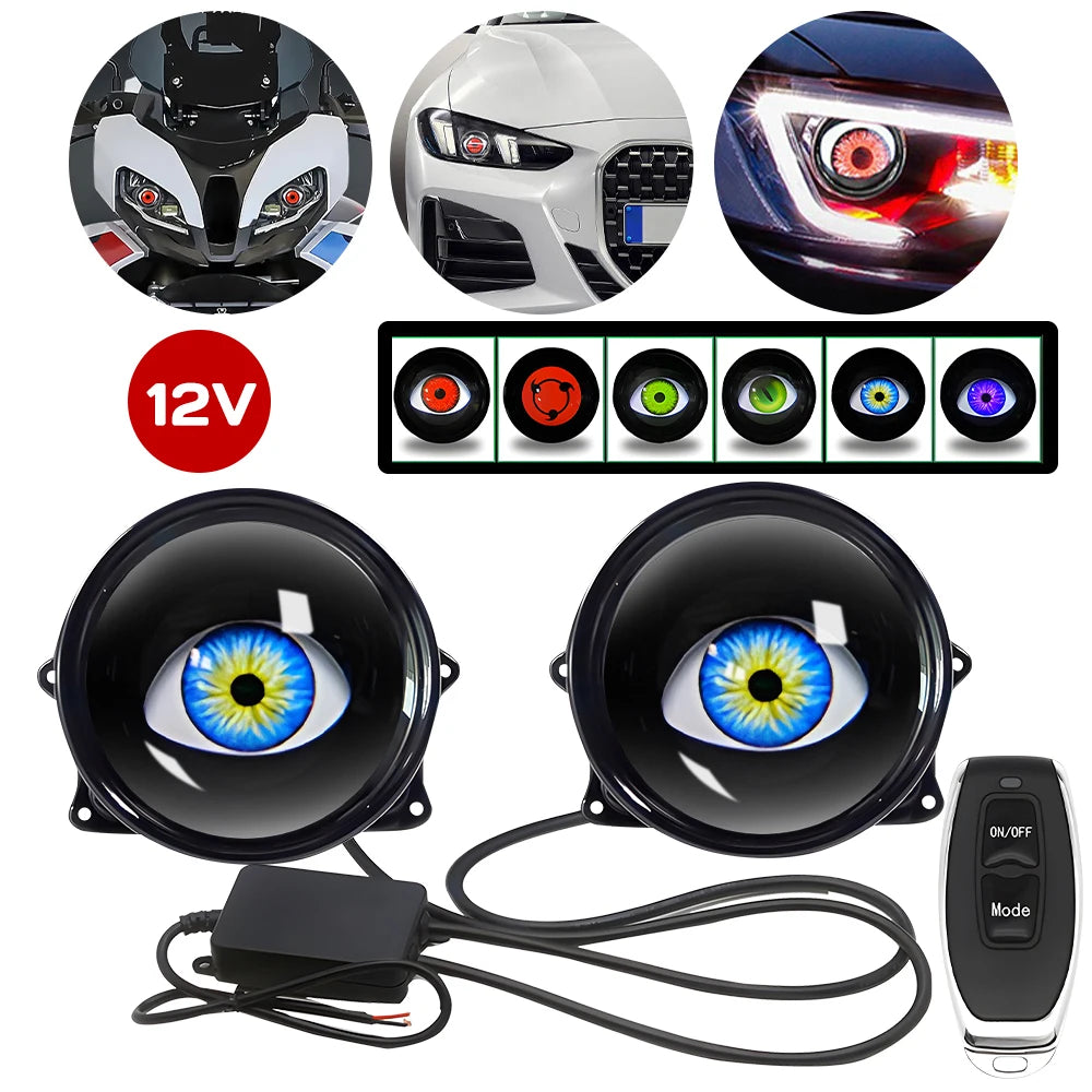 LED Dynamic Devil Eyes Lights 6modes 12V Remote Control Atmosphere Lamp Motorcycle Lens Headlight