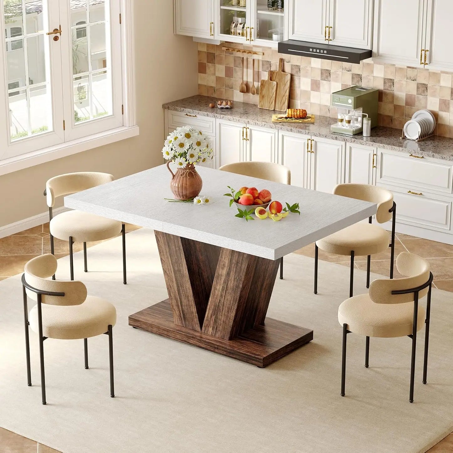 47 Inche Modern Dining Table for 4, chairs, White Rectangle Table, Dining Room, Kitchen, Living Room