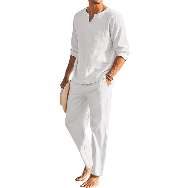 Cotton Linen Solid Color Long Sleeve Henley Shirt Elastic Waist Drawstring 2 Pieces Loungewear Set