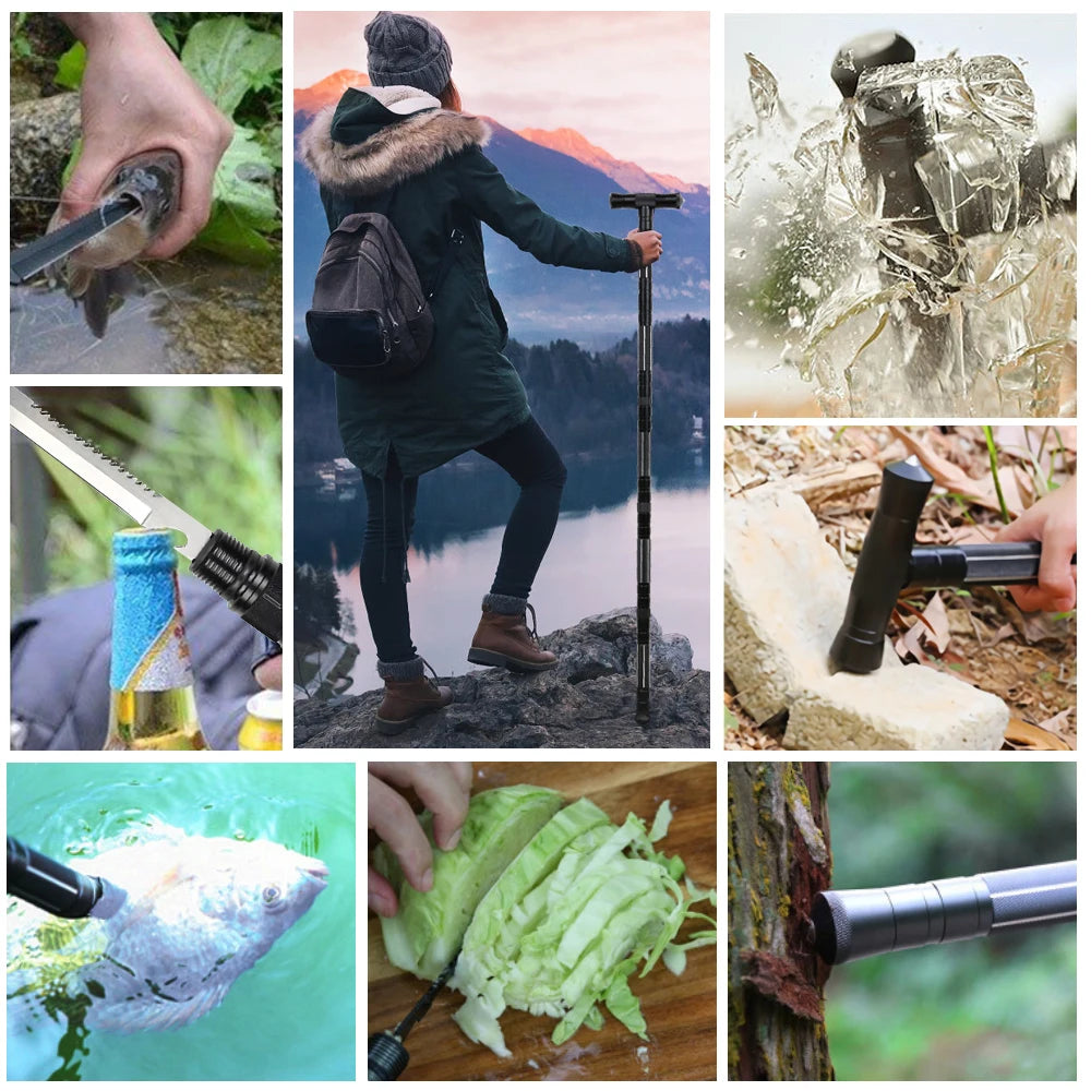 Multi Mountaineering Stick with Camouflage Backpack T-shaped Retractable Folding Stick Climbing Tool