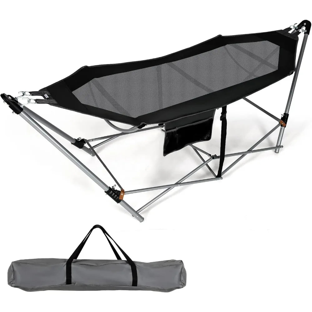Portable Folding Lounge Camping Hammock w/Stand, Indoor & Outdoor w/Side Pocket, Anti-tip Buckles