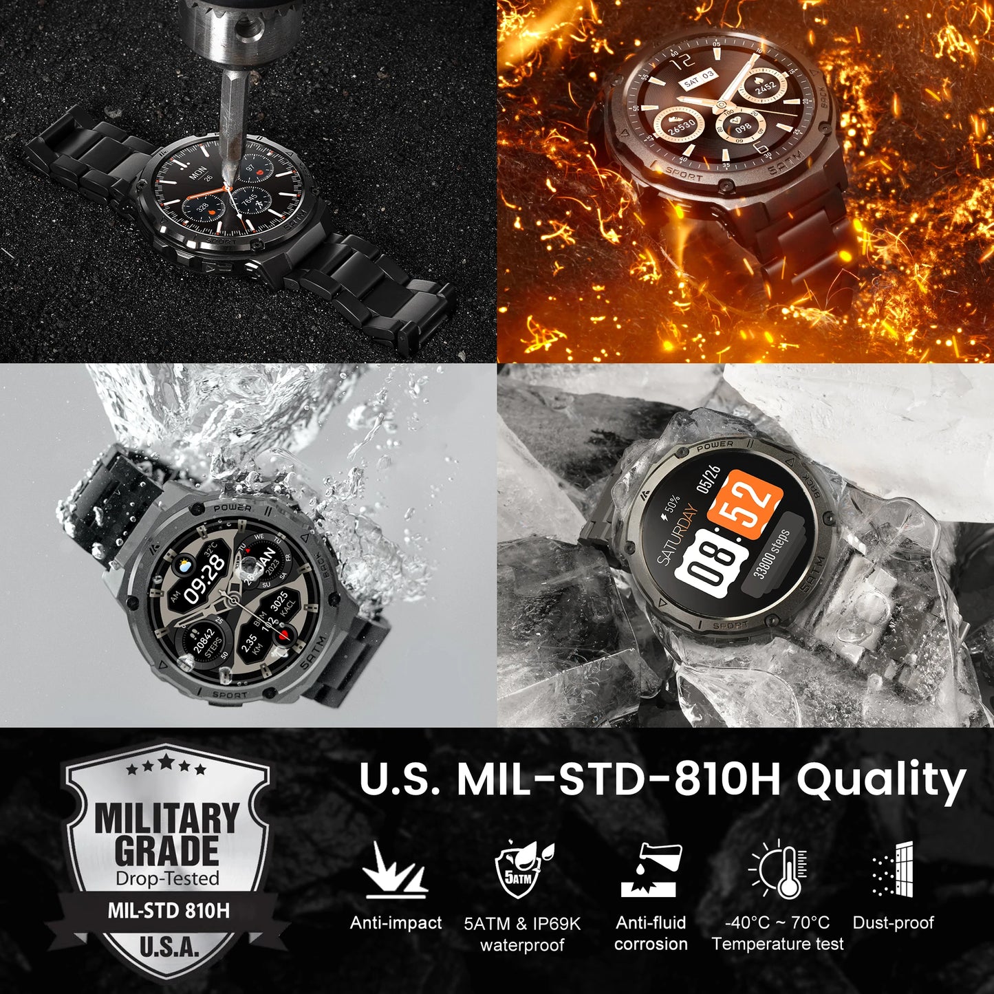 HIDAMEL T3E GPS Smart Watch, Compass Altimeter,Stainless Steel, 5ATM IP69K Waterproof 470mAh AMOLED