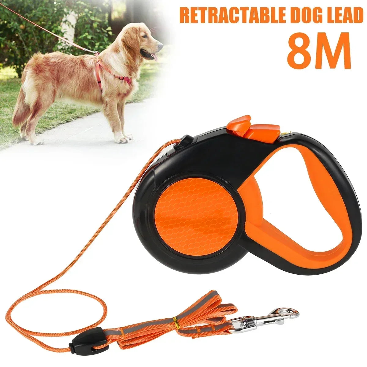 8M Retractable Dog Lead Heavy Duty leash with Reflective Tape Non-Slip Handle for Small Medium Large
