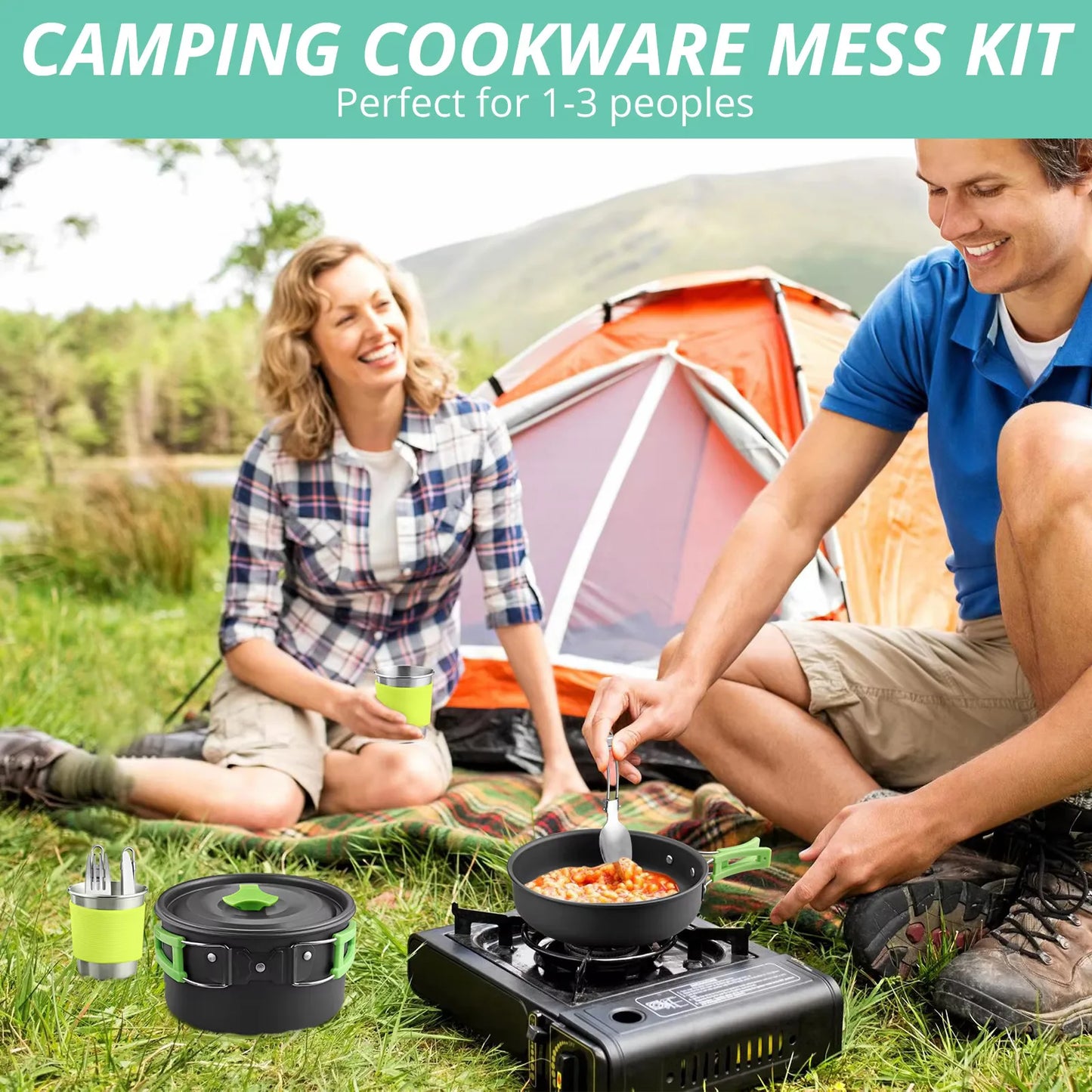 S Camping Cookware Set Anodised Aluminium Pots Pans Kettle/Foldable Handle, for 2 People