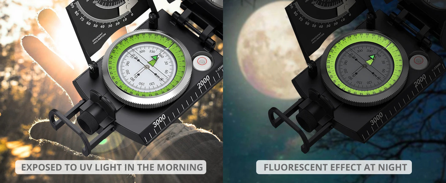 Waterproof Compass Hiking, Fluorescent Scale, Compass Navigation,Clinometer & Carry Bag Militar