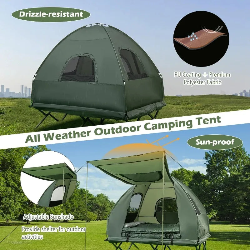 Tent Cot, 5-in-1 Elevated Cot with Sunshade, Air Mattress, Sleeping Bag & Pillow, Portable