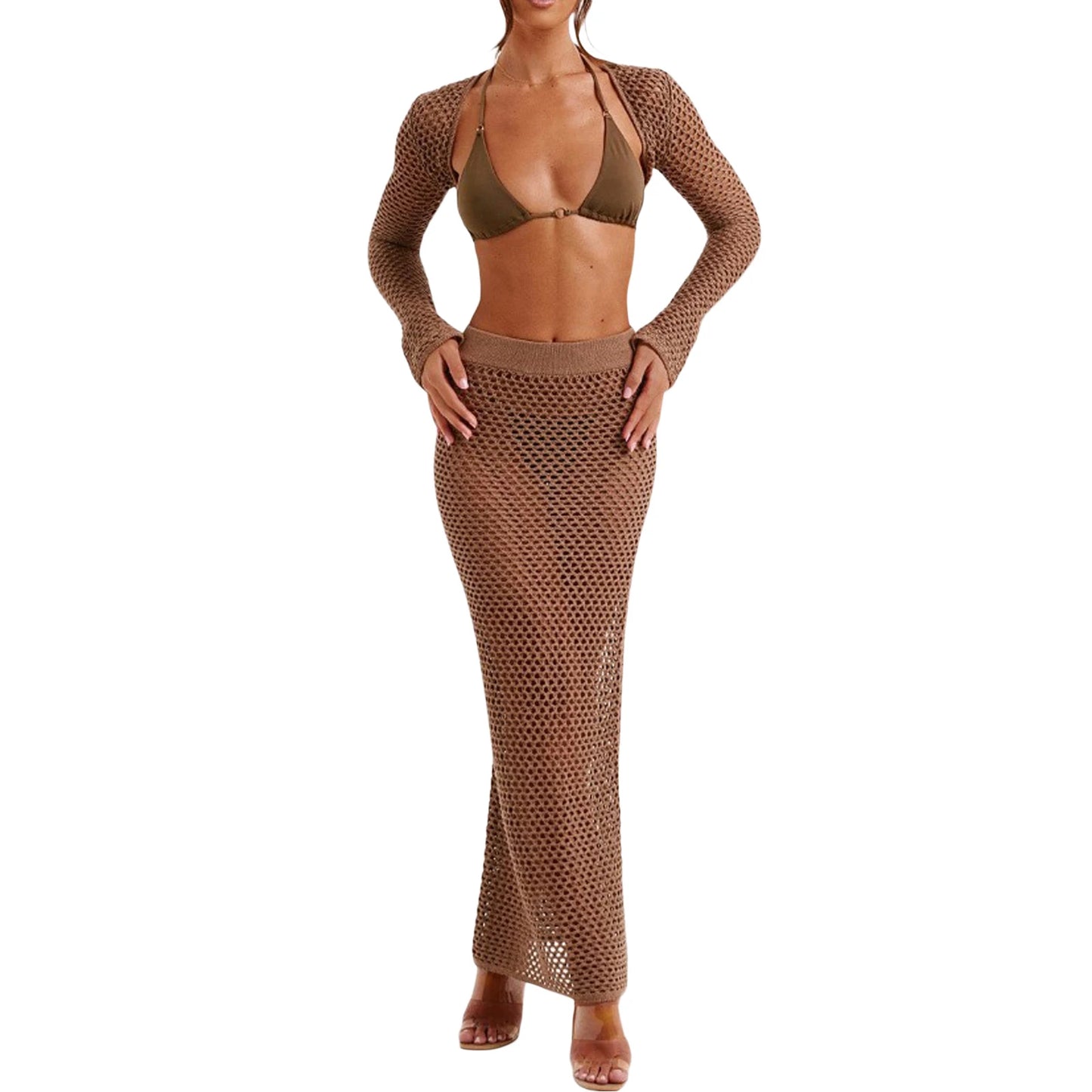Women s 2 Piece Swimsuit Set Long Sleeve Shrug Tops Elastic Waist Beach Cover Up Skirt Outfits r