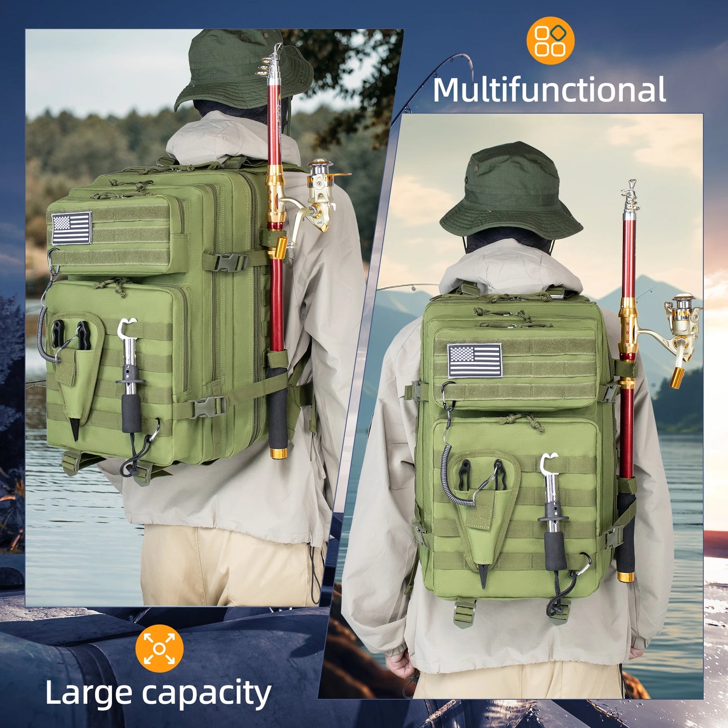 45L Fishing Hunting Bag Tactical Backpack Men's Travel Large Capacity Rucksacks Men Waterproof