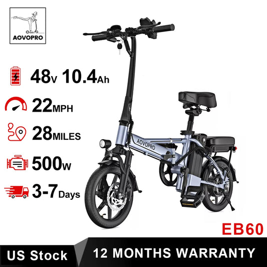 14inch EB60 Foldable Ebike 500W 48V 10.4AH 22MPH 28Miles Long Range, Two Seats for Adult