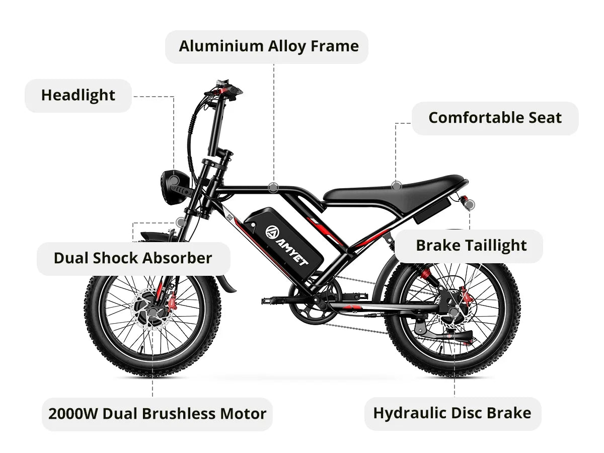 Ebike S8 2000W dual motor 48V 25AH 20-inch fat tires, front, rear shock absorption, with pedals.