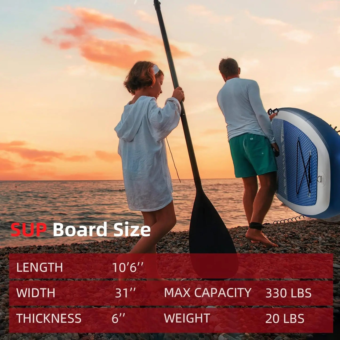 Inflatable SUP, Wide 10'6" x 31"/34" x 10'6" iSUP, Blue with Adjustable SUP Paddle